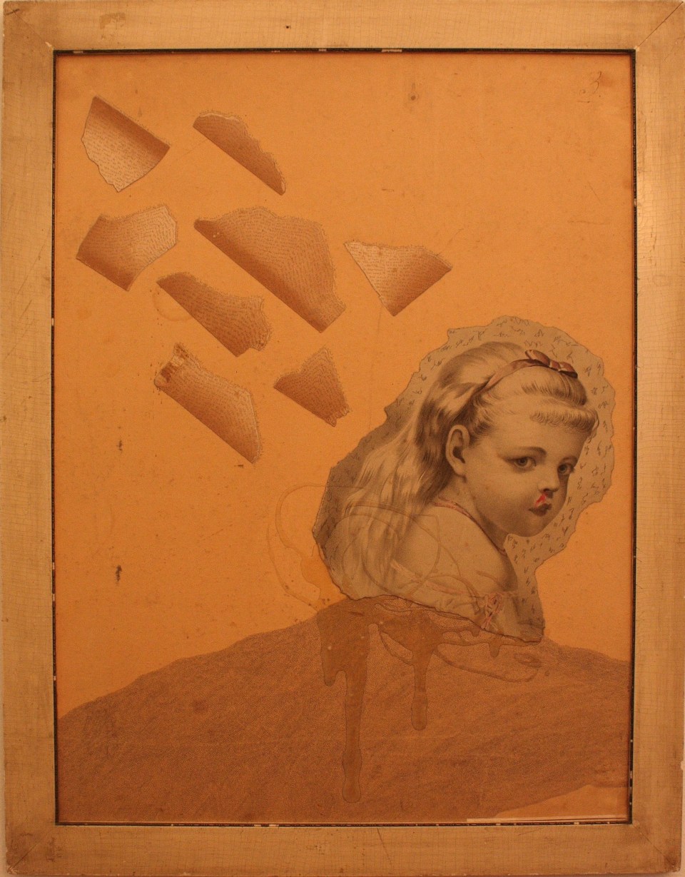 ["What Do You Want?” graphite and glue on found paper and frame, 20 1/2" x 27 1/2", 2013.]