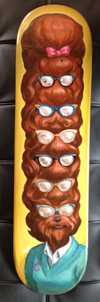 “Best Hair Class of ’62: acrylic on skateboard, 2012. Ryan Hurley bought this for his daughter and called it ‘that Berenstain Bear thing,’ which I love. I have since given his daughter a tiny, rainbow drum kit.”  